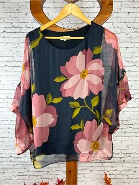 Phase eight | 100% silk Navy Sheer Floral Blouse with Pink Blooms size L